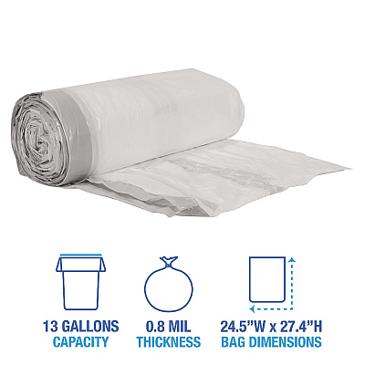 Boardwalk Drawstring Kitchen Bags, Drawstring, 13 gal, 24" x 28", White, 50 Bags/Roll, 2 Rolls/Carton (BWK1DK100)