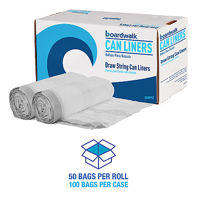 Boardwalk Drawstring Kitchen Bags, Drawstring, 13 gal, 24" x 28", White, 50 Bags/Roll, 2 Rolls/Carton (BWK1DK100)