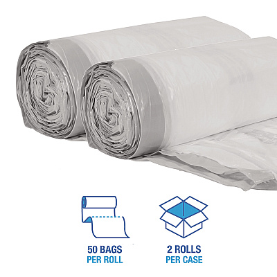 Boardwalk Drawstring Kitchen Bags, Drawstring, 13 gal, 24" x 28", White, 50 Bags/Roll, 2 Rolls/Carton (BWK1DK100)