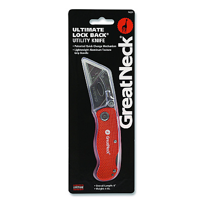 Great Neck Quick Change Lock Back Utility Knife, 3.5" Aluminum Handle, Orange (GNS74201)