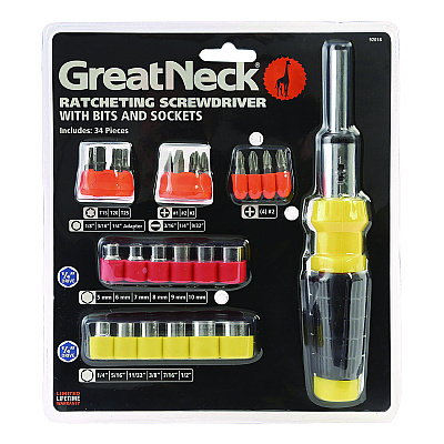 Great Neck Ratcheting Screw/Nut Driver Set, 34-Piece, Hex/Phillips/Slotted/Star Bits, Metric/SAE Sockets, 8" Long, Yellow/Black Handle (GNS92018)