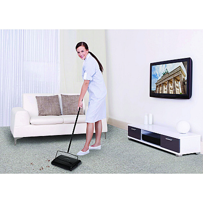 Alpine Manual Triple Brush Carpet and Floor Sweeper, 42.5" Handle, Black (ALHALP469BLKNEW)