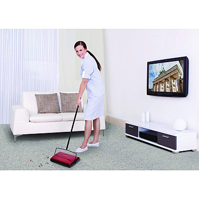 Alpine Manual Triple Brush Carpet and Floor Sweeper, 42.5" Handle, Red (ALHALP469REDNEW)