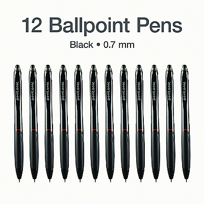 TOPS PENTONIC Retractable Ballpoint Pen, Fine 0.7 mm, Black Ink, Black Barrel, 12/Pack (PNT12120)