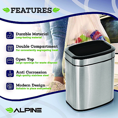 Alpine Stainless Steel Rectangular Liner Open Top Trash Can, 2.6 gal, Brushed Stainless Steel (ALHALP47010L)