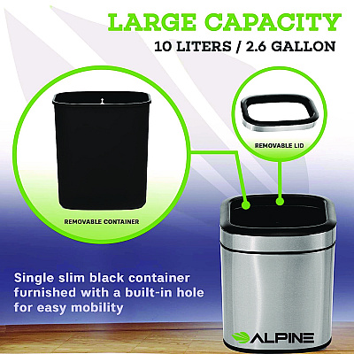 Alpine Stainless Steel Rectangular Liner Open Top Trash Can, 2.6 gal, Brushed Stainless Steel (ALHALP47010L)