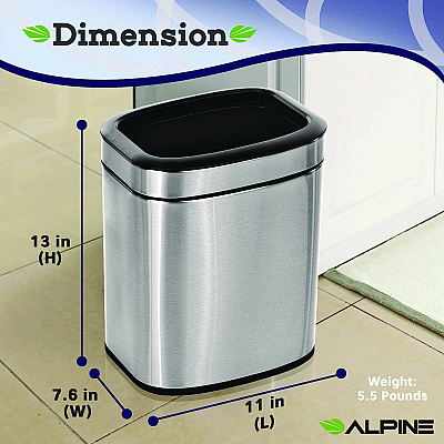 Alpine Stainless Steel Rectangular Liner Open Top Trash Can, 2.6 gal, Brushed Stainless Steel (ALHALP47010L)