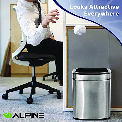 Alpine Stainless Steel Rectangular Liner Open Top Trash Can, 2.6 gal, Brushed Stainless Steel (ALHALP47010L)