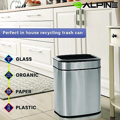 Alpine Stainless Steel Rectangular Liner Open Top Trash Can, 2.6 gal, Brushed Stainless Steel (ALHALP47010L)
