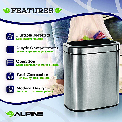Alpine Stainless Steel Rectangular Liner Open Top Trash Can, 5.3 gal, Brushed Stainless Steel (ALHALP47020L)