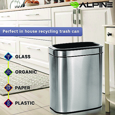 Alpine Stainless Steel Rectangular Liner Open Top Trash Can, 5.3 gal, Brushed Stainless Steel (ALHALP47020L)