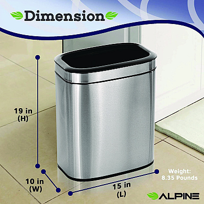 Alpine Stainless Steel Rectangular Liner Open Top Trash Can, 5.3 gal, Brushed Stainless Steel (ALHALP47020L)