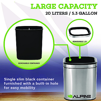 Alpine Stainless Steel Rectangular Liner Open Top Trash Can, 5.3 gal, Brushed Stainless Steel (ALHALP47020L)
