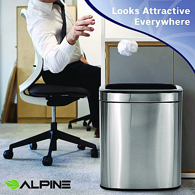 Alpine Stainless Steel Rectangular Liner Open Top Trash Can, 5.3 gal, Brushed Stainless Steel (ALHALP47020L)