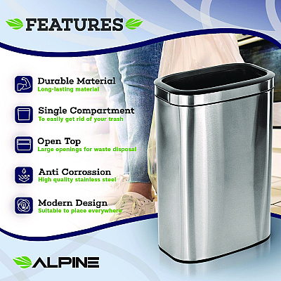 Alpine Stainless Steel Rectangular Liner Open Top Trash Can, 10.5 gal, Brushed Stainless Steel (ALHALP47040L)