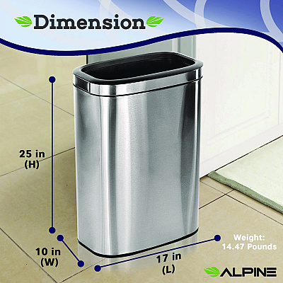 Alpine Stainless Steel Rectangular Liner Open Top Trash Can, 10.5 gal, Brushed Stainless Steel (ALHALP47040L)