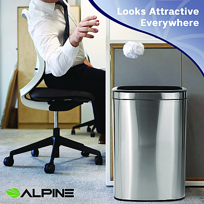 Alpine Stainless Steel Rectangular Liner Open Top Trash Can, 10.5 gal, Brushed Stainless Steel (ALHALP47040L)