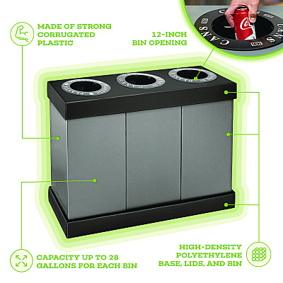 Alpine 28 Gal. Indoor Trash Cans and Recycling Bins, Corrugated Polypropylene, Gray, 3 Bin (ALHALP47103BLK)