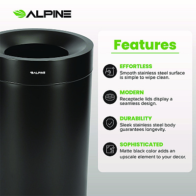 Alpine 27 Gallon Stainless Steel Commercial Indoor Trash Can, Black (ALHALP47527BLK)