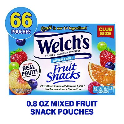 Welch's Fruit Snacks, Mixed Fruit, 0.8 oz Pouch, 66 Pouches/Box (GRR20900320)