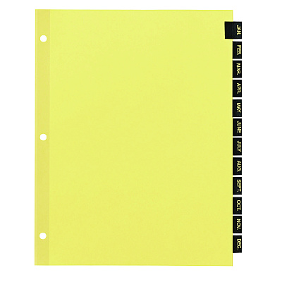 Office Essentials Preprinted Black Leather Tab Dividers, 12-Tab, Jan. to Dec., 11 x 8.5, Buff, 1 Set (AVE11484)