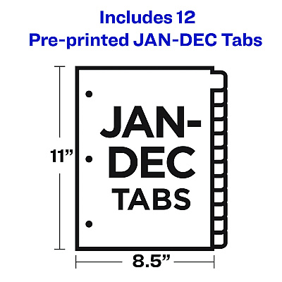 Office Essentials Preprinted Black Leather Tab Dividers, 12-Tab, Jan. to Dec., 11 x 8.5, Buff, 1 Set (AVE11484)
