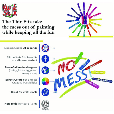 TPG Creations Thin Stix Tempera Paint Set, 6 Assorted Classic Colors, 6/Set, 24 Sets/Carton (TPG60724)