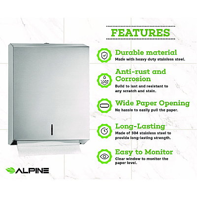 Alpine Vertical C-Fold/Multi-Fold Paper Towel Dispenser, 14.5 x 4 x 11.2, Brushed Stainless Steel (ALHALP480)