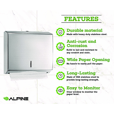 Alpine Horizontal C-Fold/Multi-Fold Paper Towel Dispenser, 10.2 x 4 x 11.2, Brushed Nickel (ALHALP481)