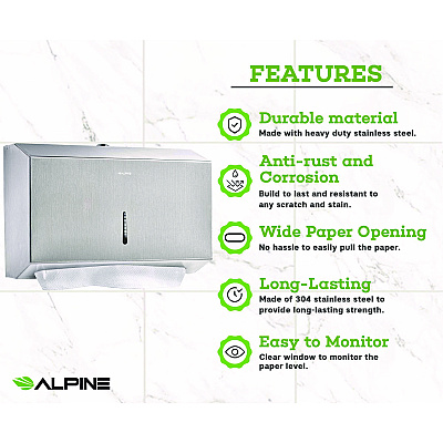 Alpine Horizontal C-Fold/Multi-Fold Paper Towel Dispenser, 7.08 x 3.93 x 10.82, Brushed Nickel (ALHALP481S)