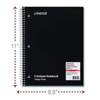 Universal Wirebound Notebook, 3-Subject, Medium/College Rule, Black Cover, (120) 11 x 8.5 Sheets (UNV66400)