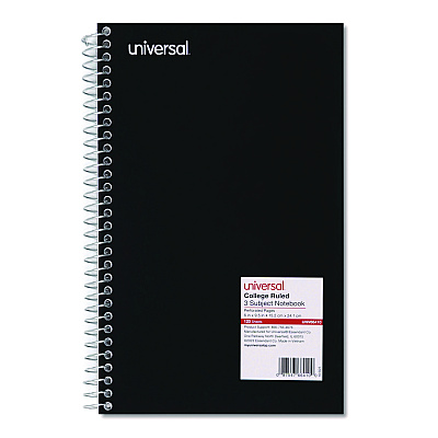 Universal Wirebound Notebook, 3-Subject, Medium/College Rule, Black Cover, (120) 9.5 x 6 Sheets (UNV66410)