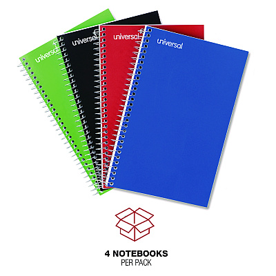 Universal Wirebound Notebook, 3-Subject, Medium/College Rule, Assorted Cover Colors, (120) 9.5 x 6 Sheets, 4/Pack (UNV66414)