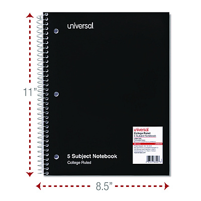 Universal Wirebound Notebook, 5-Subject, Medium/College Rule, Black Cover, (200) 11 x 8.5 Sheets (UNV66500)