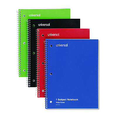 Universal Wirebound Notebook, 1-Subject, Wide/Legal Rule, Assorted Cover Colors, (70) 10.5 x 8 Sheets, 4/Pack (UNV66624)