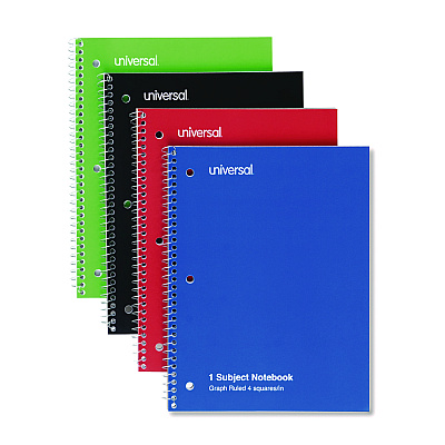 Universal Wirebound Notebook, 1-Subject, Quadrille Rule (4 sq/in), Assorted Cover Colors, (70) 10.5 x 8 Sheets, 4/Pack (UNV66634)