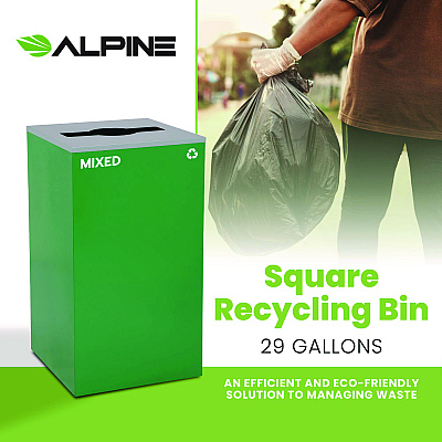 Alpine 29 Gallon Trash/Recycling Cans, Steel, Green Mixed Recycling Can with Mixed Lid (ALH4450KITGRNMM)