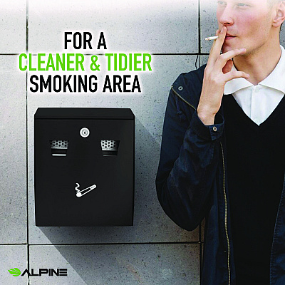 Alpine Wall-Mounted Safe Cigarette Disposal Station Outdoor Ashtray, Stainless Steel, Black (ALHALP49001BLK)