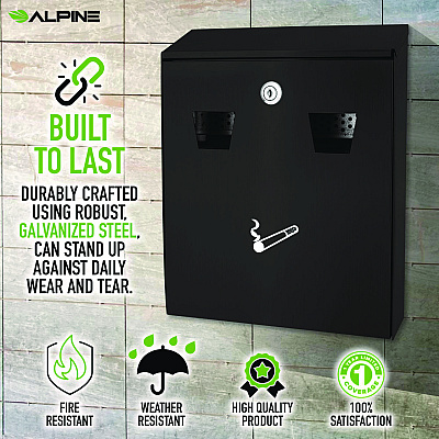 Alpine Wall-Mounted Safe Cigarette Disposal Station Outdoor Ashtray, Stainless Steel, Black (ALHALP49001BLK)