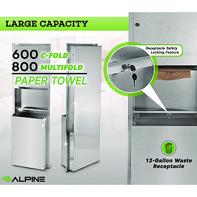 Alpine Stainless Steel Recessed Paper Towel Dispenser with Waste Receptacle, 56 x 4 x 17 (ALHALP492)