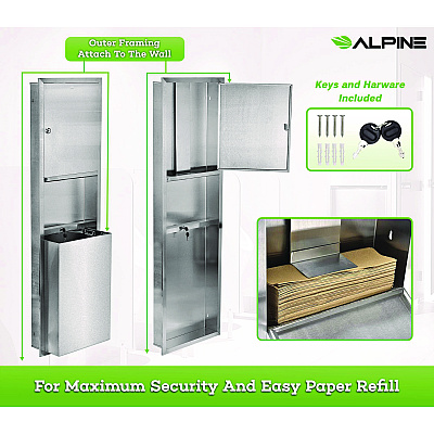 Alpine Stainless Steel Recessed Paper Towel Dispenser with Waste Receptacle, 56 x 4 x 17 (ALHALP492)