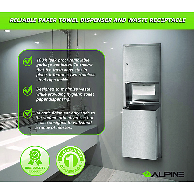 Alpine Stainless Steel Recessed Paper Towel Dispenser with Waste Receptacle, 56 x 4 x 17 (ALHALP492)