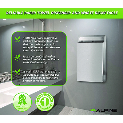 Alpine Stainless Steel Recessed 12 Gal Leak-Proof Waste Receptacle, Brushed Stainless Steel (ALHALP493)