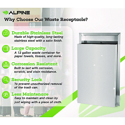 Alpine Stainless Steel Recessed 12 Gal Leak-Proof Waste Receptacle, Brushed Stainless Steel (ALHALP493)