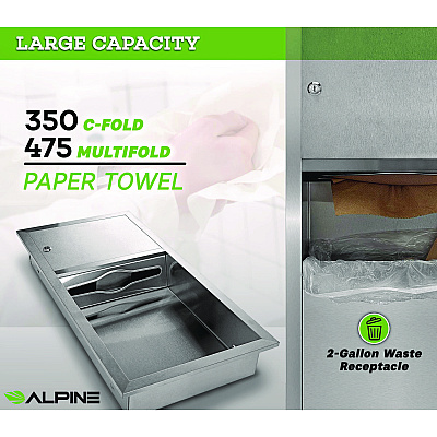 Alpine Recessed Commercial Paper Towel Dispenser with 2 Gal Waste Receptacle, 28 x 4.3 x 14, Stainless Steel (ALHALP495)