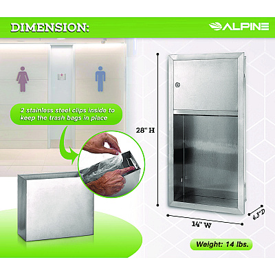 Alpine Recessed Commercial Paper Towel Dispenser with 2 Gal Waste Receptacle, 28 x 4.3 x 14, Stainless Steel (ALHALP495)