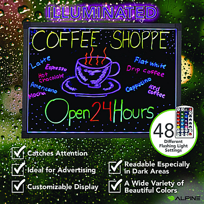 Alpine LED Illuminated Hanging Message Writing Board, 19.7" x 27.6", Black Surface, Black Aluminum Frame (ALHALP49503)