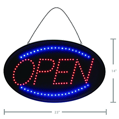 Alpine LED Oval Open Sign, 23 x 14, Black Frame, Blue/Red Graphics (ALHALP49702)