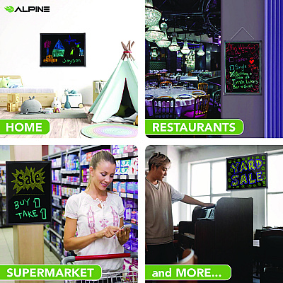 Alpine LED Illuminated Hanging Message Writing Board, 23.6" x 31.5", Black Surface, Black Aluminum Frame (ALHALP49504)