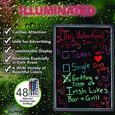 Alpine LED Illuminated Hanging Message Writing Board, 23.6" x 31.5", Black Surface, Black Aluminum Frame (ALHALP49504)